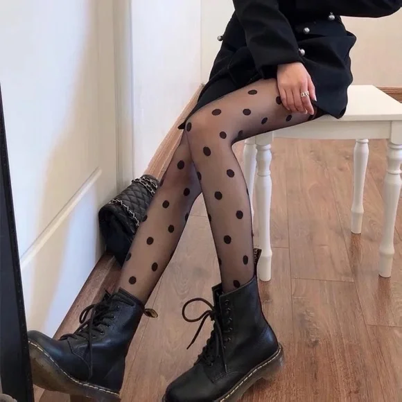 NWT black sheer dot tights stockings mesh thin large spots sexy black tights - Picture 7 of 15
